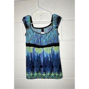 < Y2K Wrapper Blue & Green Patterned Sleeveless Top >